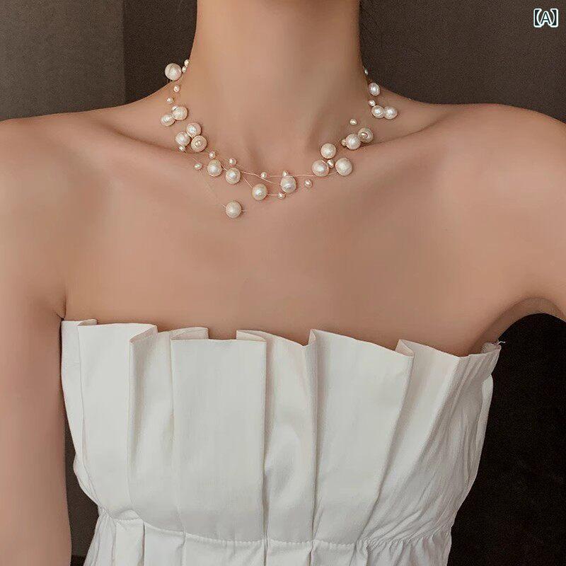 Heart - ネックレス レディース 淡水パール 満天星 高級感 鎖骨用 チェーン ショート丈 エレガント シンプル フェミニン 軽量 デコルテ アクセサリー 普段使い パーティー対応 細身シルエット ユニークモチーフ 再生繊維 風合い