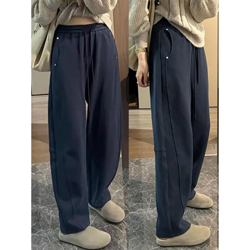 樂天商城 - 秋冬 女性用 運動パンツ ストレッチ 暖か 加厚 直筒 ワイドレッグ バナナパンツ サイドカーブ コットン混 吸湿速乾 普段使い 軽量 ブラック系 グレー系 潮カジュアル