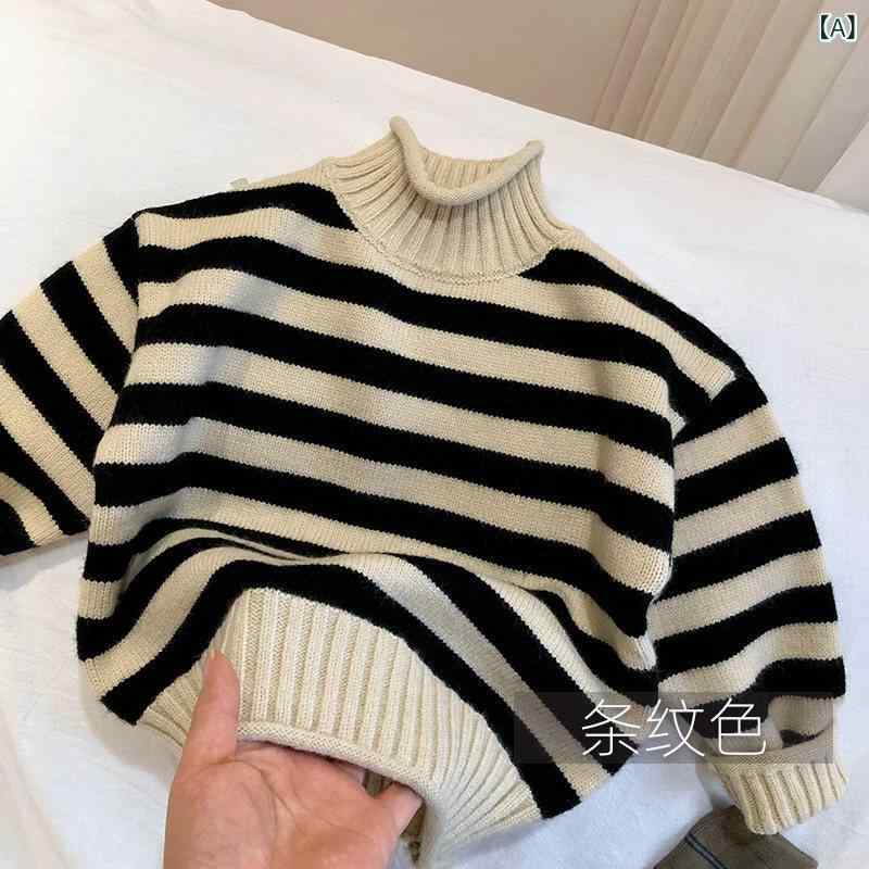 キッズ 女の子 男の子 ハイネック ニットセーター 秋冬 厚手 ストライプ インナー ...