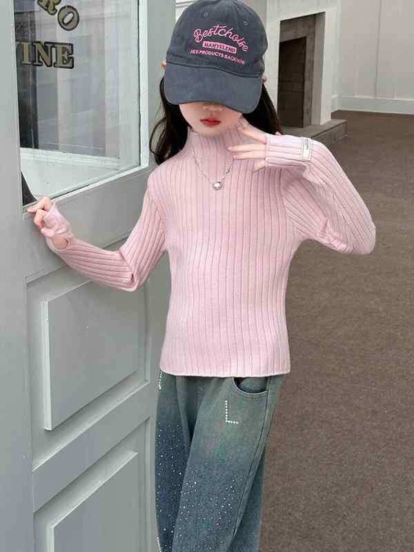 女の子用 ニット インナー トップス 秋冬 クルーネック 親指穴 ツーウェイスリーブ ハーフタートルネック 子供服 暖か素材 伸縮性 普段使い