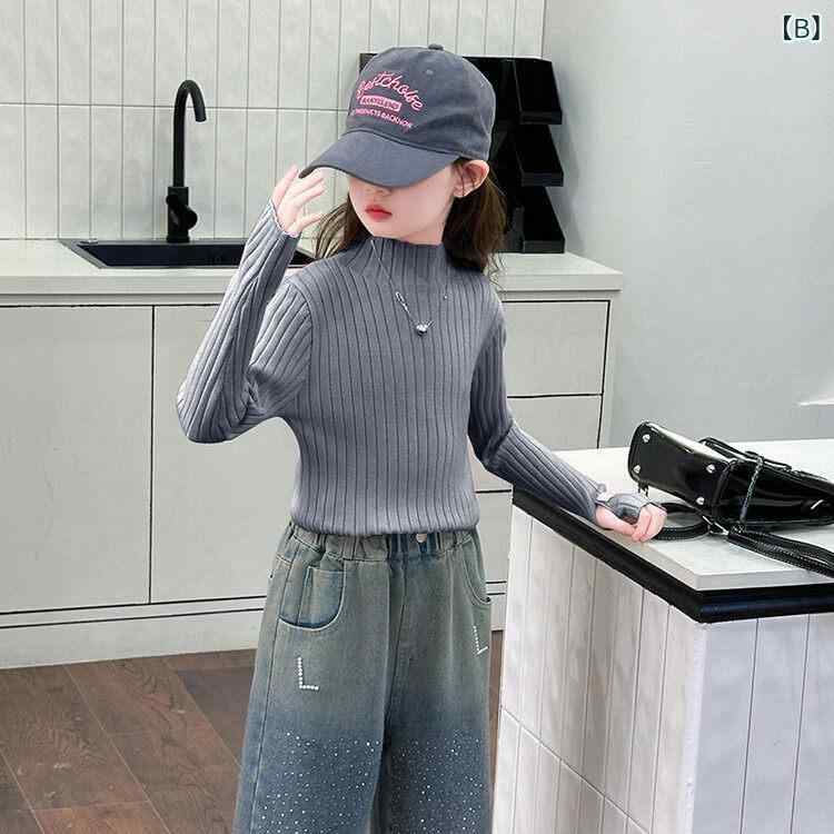 女の子用 ニット インナー トップス 秋冬 クルーネック 親指穴 ツーウェイスリーブ...