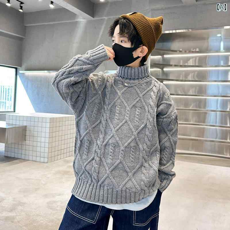 キッズ 男の子 韓国風 ハイネック ニットセーター 秋冬 暖か 伸縮性 ウール混 スタ...