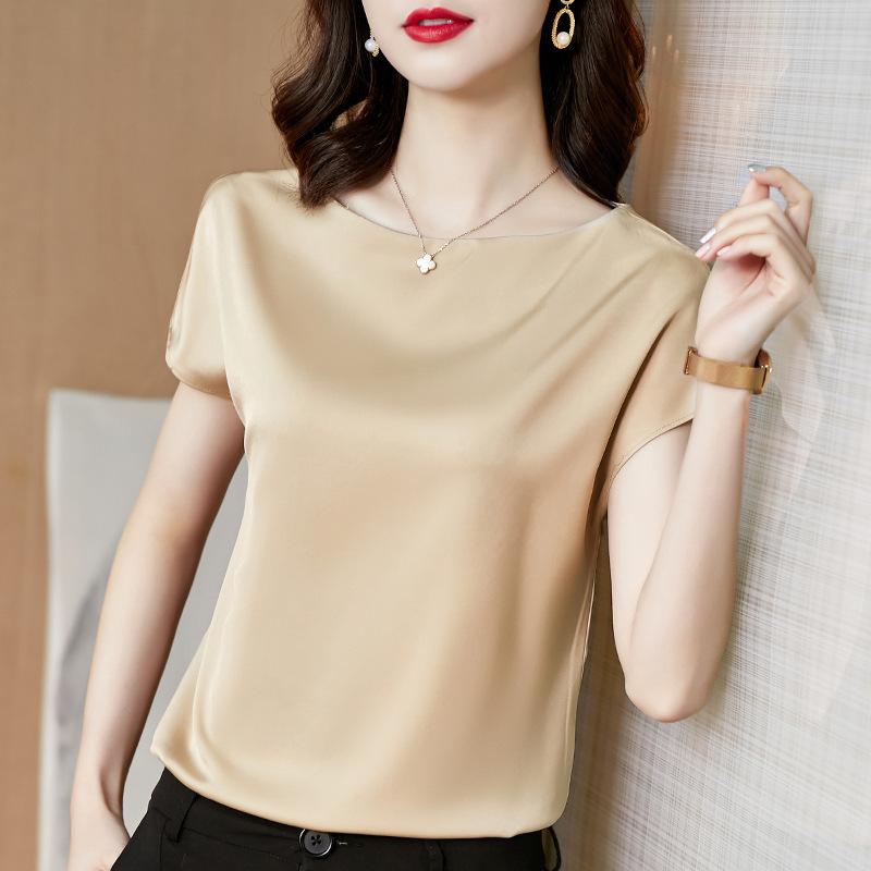 樂天商城 - Tシャツ 女性用 色 短袖 桑蚕絲 トップス 大きいサイズ ゆったり シルク調 インナー 綿混 吸湿速乾 通勤 普段使い 春夏 軽量 伸縮性 接触冷感 Vネック ブラック ピンク系 アイボリー