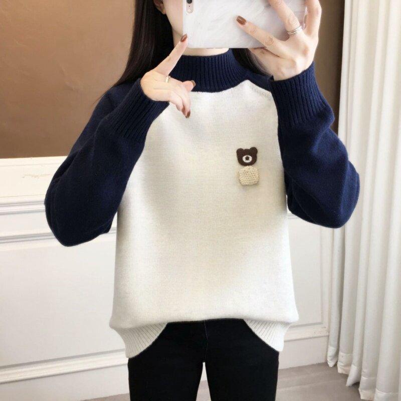 キッズ 女の子 ニットセーター ハーフハイネック ツートンカラー クマ柄 厚手 インナー 秋冬 暖か 柔らかい トップス ベースレイヤー ジュニア 普段使い
