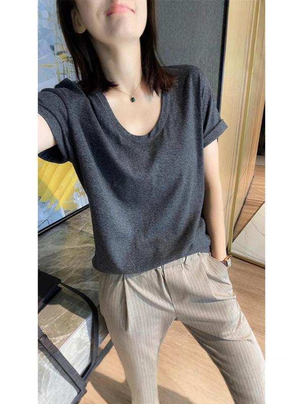 春夏 レディース トップス 接触冷感 柔らかい 素材 Uネック ビッグシルエット 女性用 Tシャツ シャツ ブラウス 伸縮性 吸湿速乾 軽量 通勤 普段使い 部屋着 ブラック ピンク系 アイボリー カジュアル スタイル