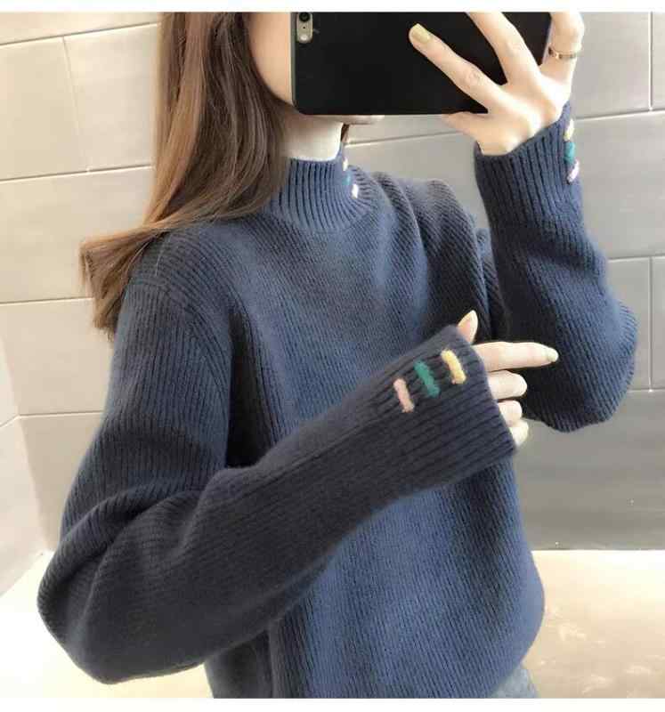 セーター 女の子 秋冬 韓国 学園風 ハーフハイネック 刺繍 ニットトップス ゆったりシルエット 綿混 暖か素材 中学生向け 普段使い