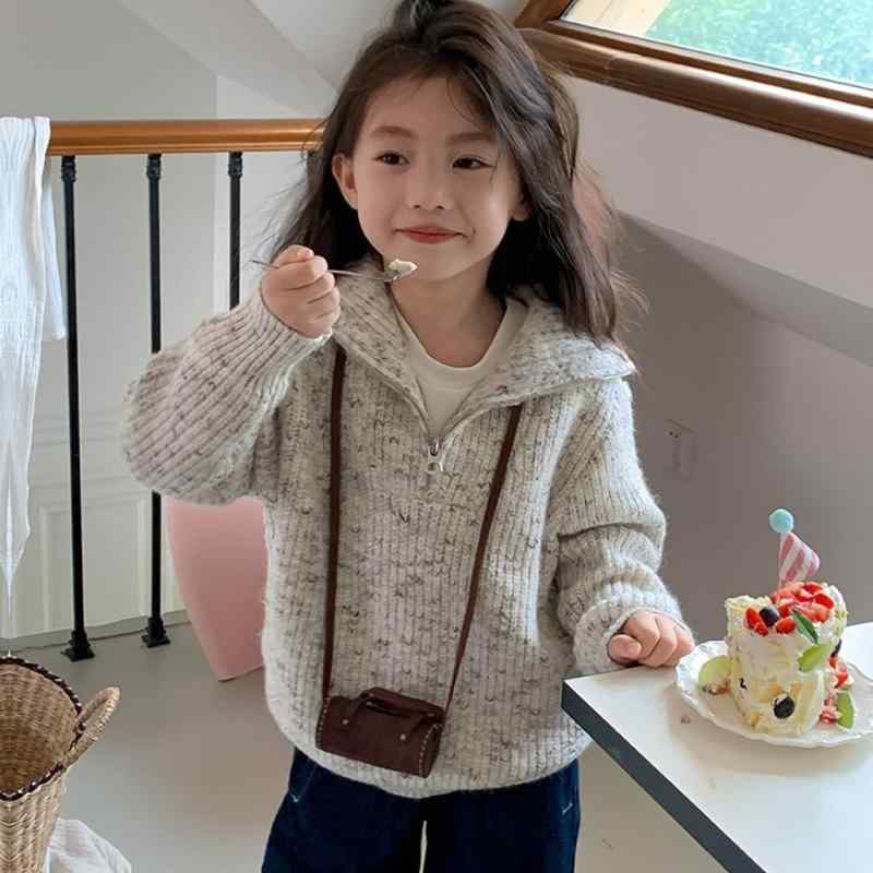 女の子用 秋冬 ニットセーター 半ジッパー プルオーバー トップス 暖かみ 柔らかい 素材 スタイリッシュ オシャレ 外出し用 上着 中大サイズ 子供服 ニットウェア レイヤード スタイル 快適 着心地