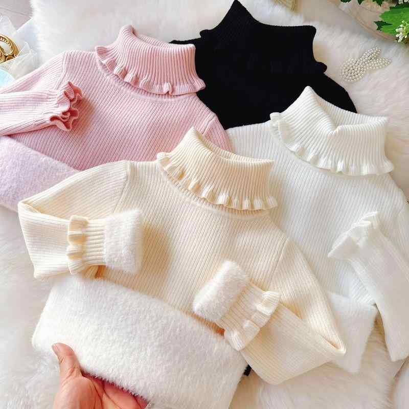 女児 セーター ハイネック レース 襟 冬用 厚手 起毛 無地 暖か ニット トップス 子供服 室内着 柔らかい 素材