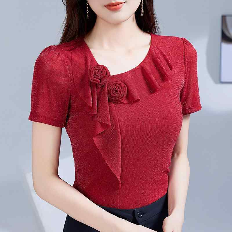 乐天商城 - ブラウス 女性用 夏季 春夏 斜めVネック メッシュ レース フリル 花柄 短袖 Tシャツ トップス 軽量 伸縮性 吸湿速乾 通勤 普段使い アウトドア カジュアル
