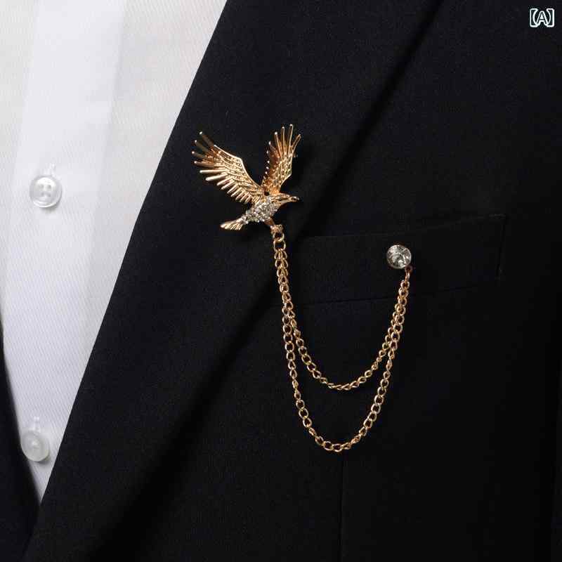 胸針 ブローチ 飛鷲 チェーン ラインストーン ユニセックス スーツ 胸花 シンプル 高級感 ゴールド シルバー メタル ビジネス フォーマル アクセサリー 襟元 装飾