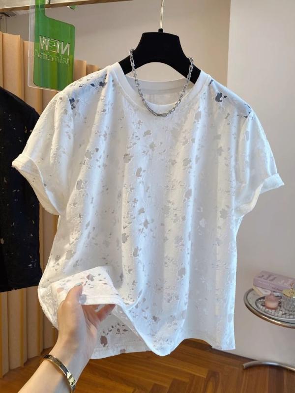 Rakuten - Tシャツ トップス 女性用 短袖 夏 春夏 韓国 レース 刺繍 ゆったり 軽量 綿素材 通気性 吸湿速乾 ビッグシルエット ブラック ホワイト ピンク系 アイボリー 普段使い カジュアル かわいい 接触冷感 伸縮性 ハイネック Vネッ