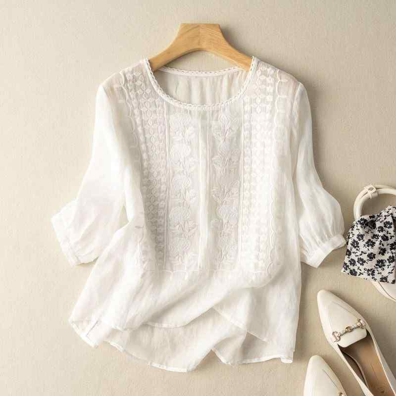 春夏 女性用 薄手 コットン リネン 短袖 刺繍 トップス 気品 透気性 Tシャツ ラウンドネック シャツ 軽量 吸湿速乾 ゆったりシルエット カジュアル 普段使い