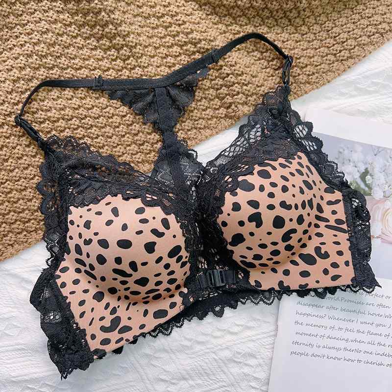 レディース ブラジャー フロントホック ヒョウ柄 ポルカドット ハーフカップ 小胸用 寄せ上げ パッド入り 美背デザイン 伸縮性 快適 軽量 ブラック ピンク系