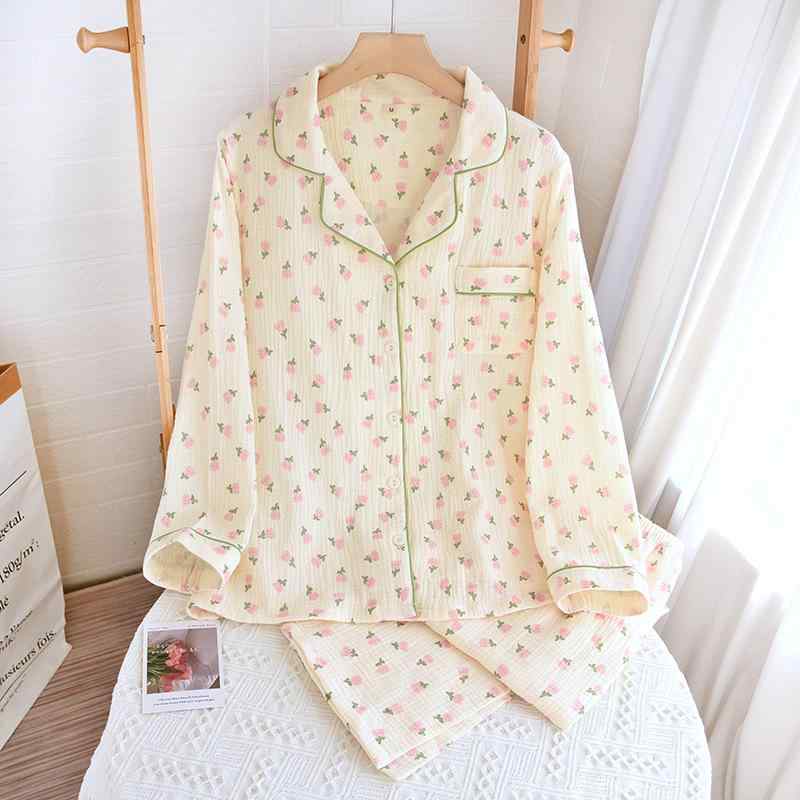 Underwear, Sleepwear - パジャマ レディース 春夏 棉 ガウン 薄手 ゆったり 長袖 長ズボン ホームウェア セット かわいい 小花柄 透け感 軽量 吸湿性 通年 部屋着 寝間着 ソフト素材 リラックス フィット