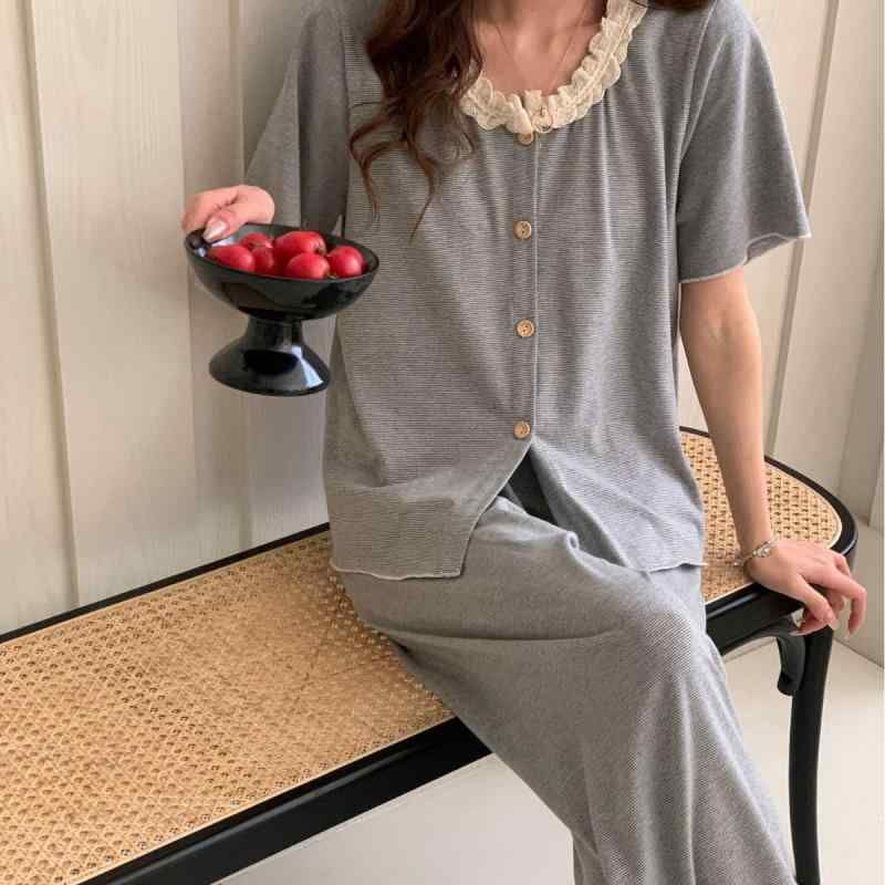 レディース 春夏 ニットコットン 短袖 長パンツ 薄手 条紋 寝間着 セット かわいい ホームウェア 吸湿速乾 軽量 室内着 通年 ピジャマ ルームウェア 綿素材 ゆったり