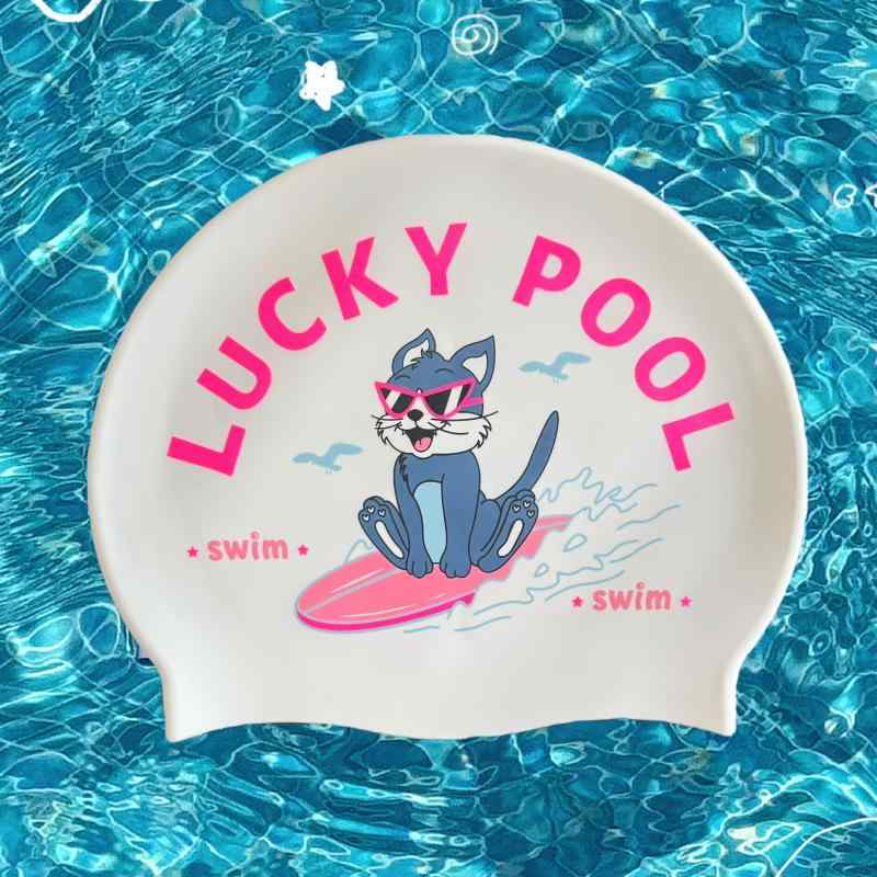 スイムキャップ ユニセックス かわいい 子猫 グラデーション ピンク サーフィン プリント シリコンゴム..