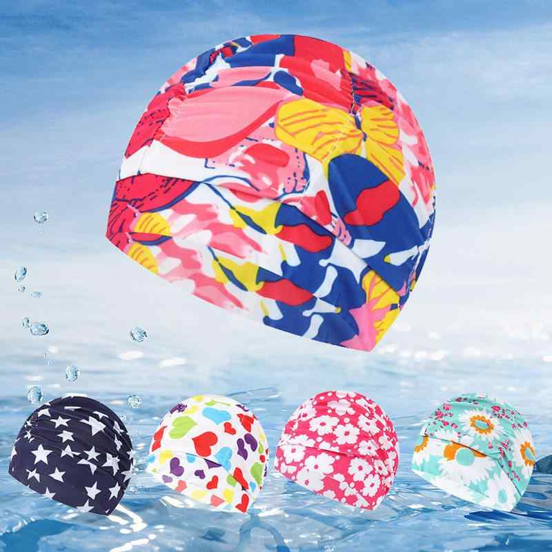Swimming Caps - 水泳キャップ レディース ゆったりサイズ 締め付けフリー プリーツ 花柄 無地 布製 夏用 快適フィット 伸縮性 速乾 プール ビーチ