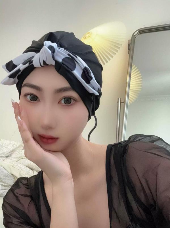 女性用 スイムキャップ 布製 ポルカドット 蝶結び リボン 春夏 ビーチ 温泉 ファッション 軽量 伸縮性