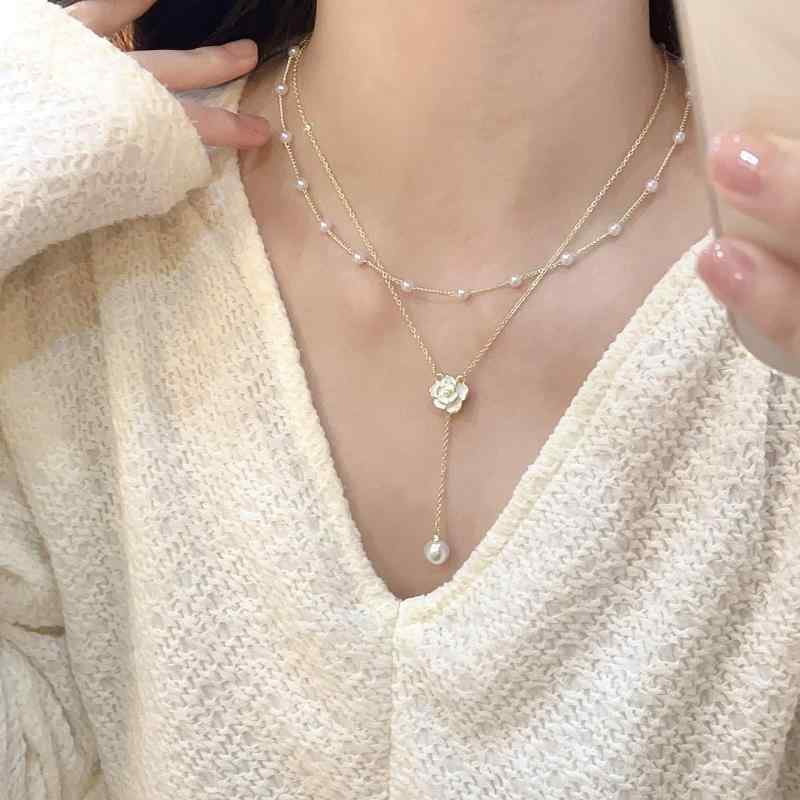 Other - ネックレス 女性用 レイヤード フリンジ パール 花モチーフ 鎖骨チェーン 軽量 高級感 アクセサリー シルバー ゴールド ピンク ブラック 日常使い ギフト
