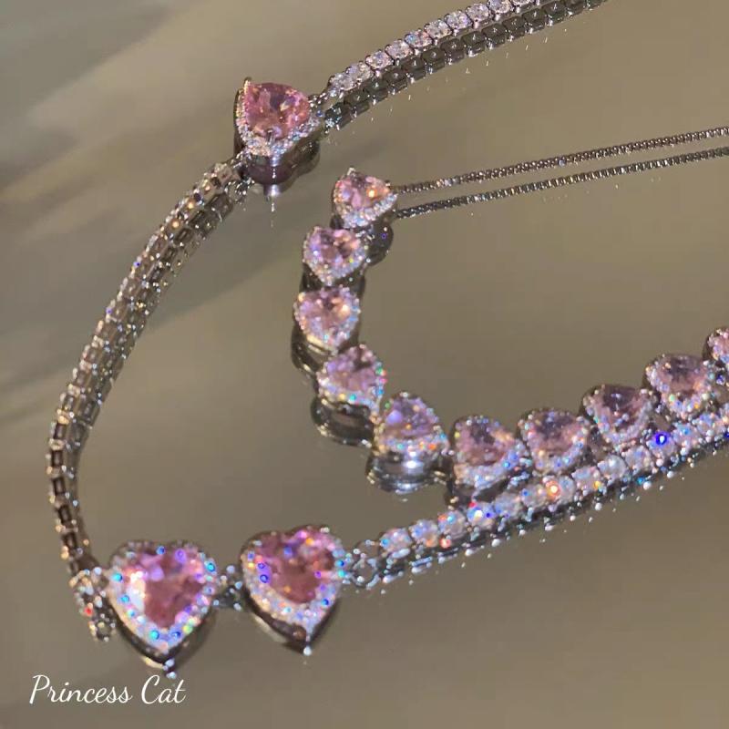 Coral Pink - ネックレス 女性用 シンプル 軽量 ラグジュアリー ファン ハート ロングチェーン ジルコニア クラシカル キラキラ アクセサリー 普段使い かわいい 細身 華奢 シルバー ゴールド チェーン ペンダント レイヤード コーディネート アクセント ギフト