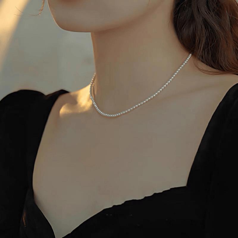 Pink - ネックレス 女性用 春夏 軽量 高級感 細い4mm パール 鎖骨チェーン 小粒パール アクセサリー シンプル 華奢 ジュエリー 普段使い 細身 繊細 スタイリッシュ