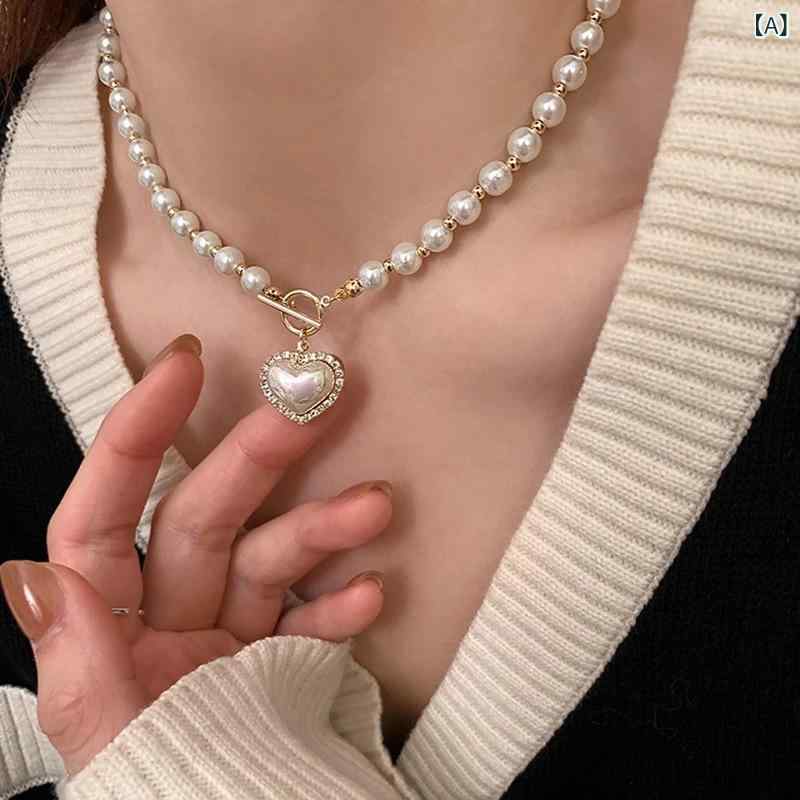 Other - ネックレス 女性用 人工パール ハート型 シンプル かわいい 復古風 気品 鎖骨チェーン シルバーチェーン ハートペンダント OTバックル 淡いトーン ロマンティック アクセサリー 普段使い 軽量 華奢