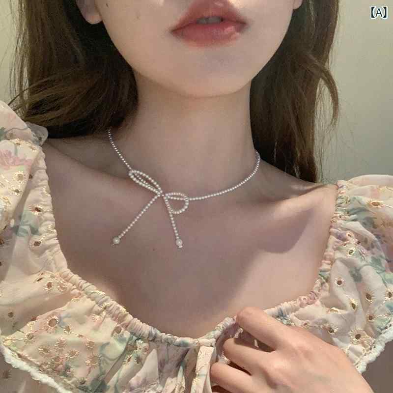 リバーパディのネックレス 女性用 蝶結び 鎖骨チェーン 仙 チョーカー 短め 優しい 春夏 かわいい 軽量 アクセサリー デイリー 使い シルバー調 細身 レイヤード 対応｜アングル2