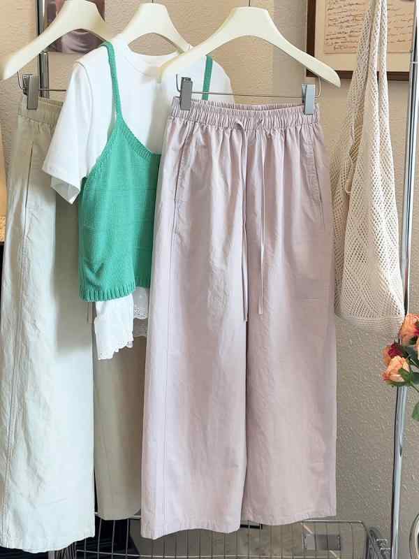 カジュアルパンツ 女性用 春夏 洗水綿 接触冷感 ゆったりシルエット 伸縮性 吸湿速乾 軽量 部屋着 普段使い デイリーウェア ハイウエスト ドローストリング ワイドレッグ クロップド丈 ベーシックスタイル 快適素材 ソフトタッチ