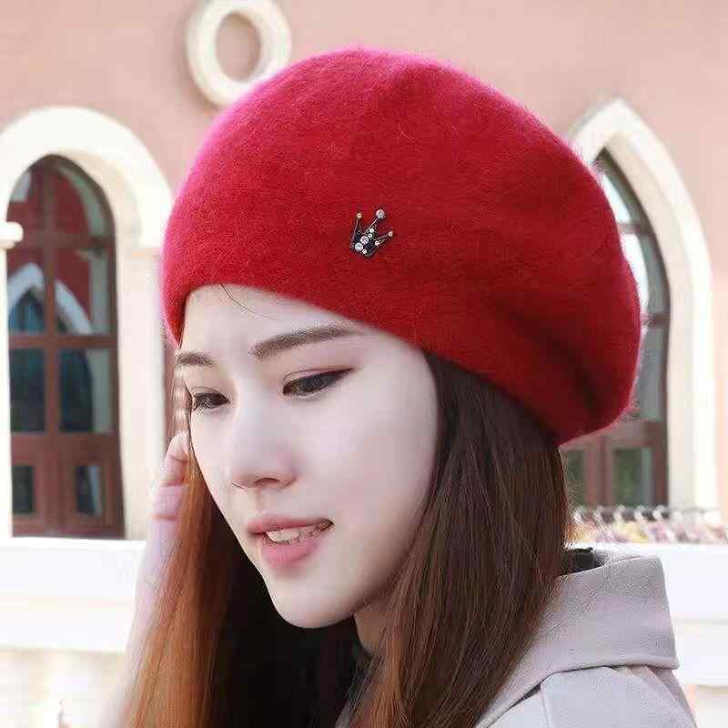 Knit Hat - 帽子 女の子 秋冬 保暖 ウサギ毛 赤 ベレー帽 韓国 毛糸 ニット 耳当て 暖か 加厚 軽量 伸縮性 赤系 カジュアル 普段使い アウトドア