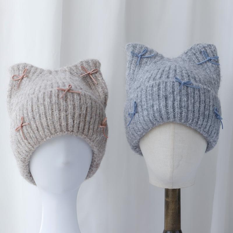 ニット帽 女性用 秋冬 かわいい 蝶結び リボン 厚手 保暖 ニット ヘッドウェア 冷...