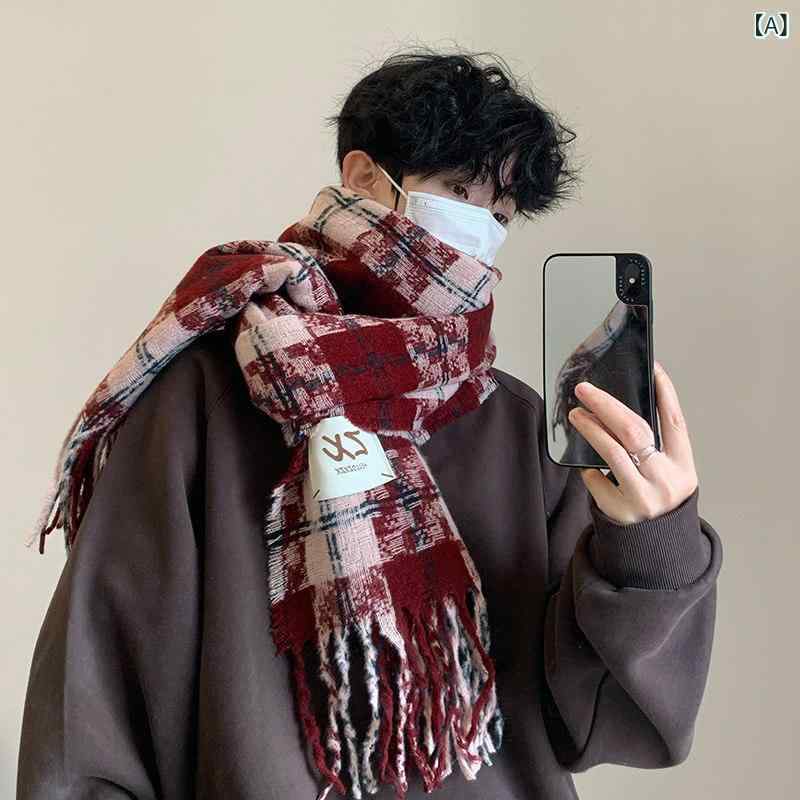リバーパディのマフラー メンズ レディース レトロ 赤 チェック柄 冬用 保温 白く見える 厚手 柔らかい ストール 暖か ソフト素材 カップル おしゃれ アクセサリー｜アングル2