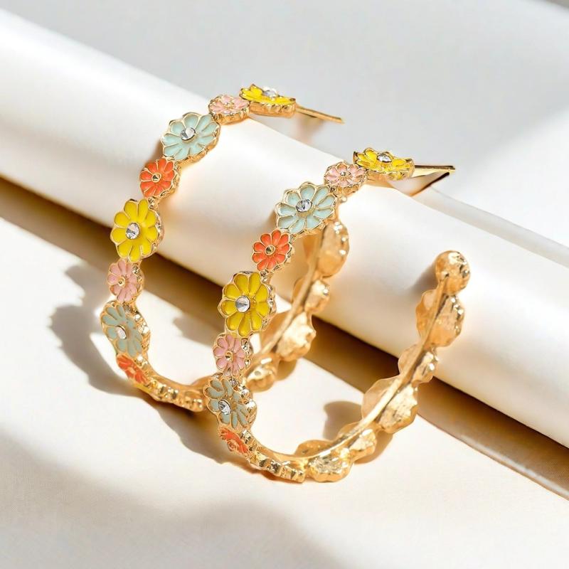 Tourmaline - イヤリング 女性用 欧米風 かわいい シンプル ドロップ型 花モチーフ C字型 水晶装飾 耳リング アクセサリー ファッション ゴールド加工 軽量 普段使い ギフト向け シルバー系 ピンク系 通勤用 デート用 春夏 秋冬 ビーズ加工 華や