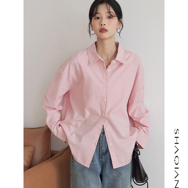 樂天商城 - シャツ レディース 長袖 ピンク コットン ゆったり シンプル 単色 インナー トップス 春夏 普段使い 吸湿速乾 軽量