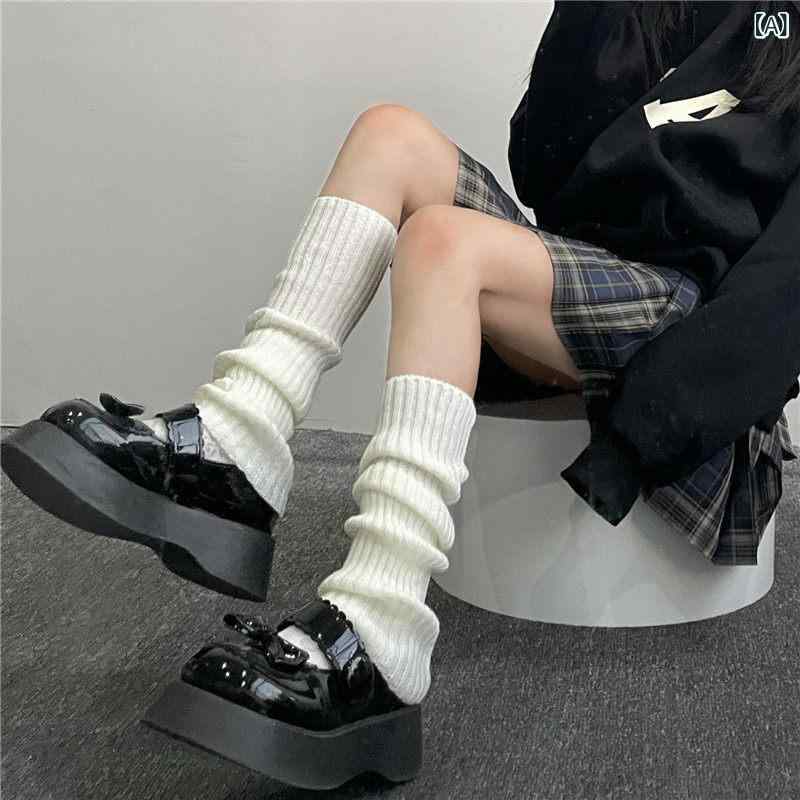 女の子 膝上ソックス 春秋 ニット 薄手 白 ふんわり 中筒 脚カバー JKスタイル 学校用 カジュアル 伸縮性 吸湿速乾 コットン混 軽量 普段使い