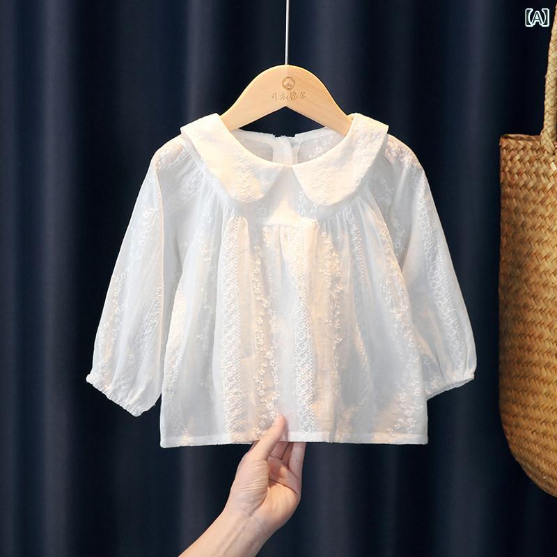 女の子 長袖 レース ブラウス 白 ゆったり トップス プリンセス キッズ シャツ かわいい ベビー 服 春夏秋 幼児 用 綿素材 軽量 日常使い