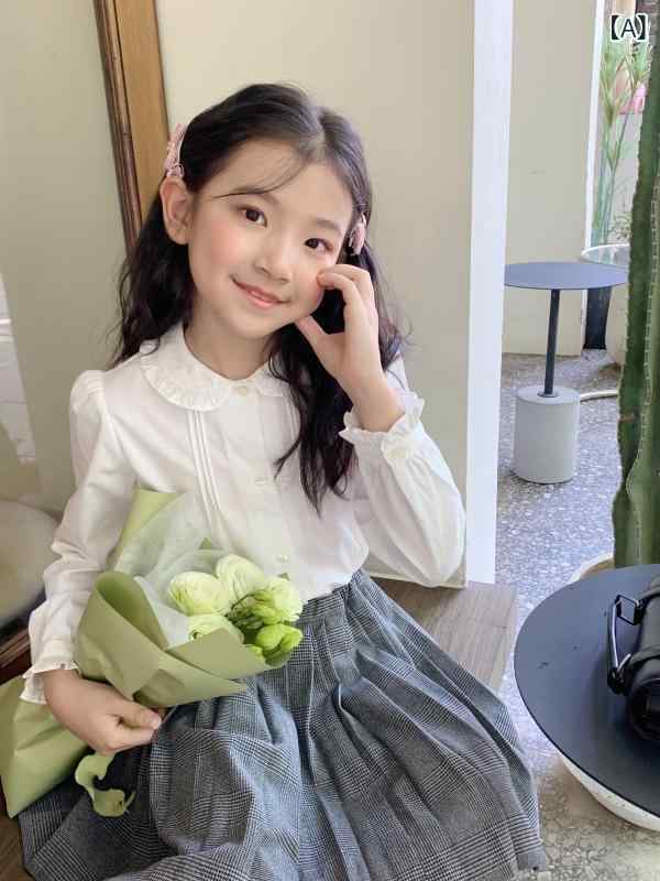 シャツ 女の子 長袖 春秋 コットン ホワイト ドールカラー インナートップス かわいい 柔らかい 吸湿速乾 日常使い 通学用