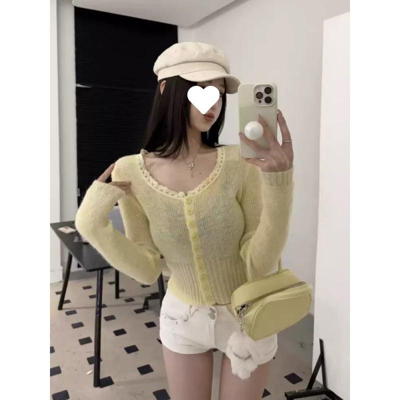 ニットカーディガン レディース 春夏 欲風 レース 花辺 シングルボタン 馬海毛 短丈 トップス 軽量 伸縮性 切り替え ピンク系 アイボリー ブラック かわいい 普段使い 通勤用