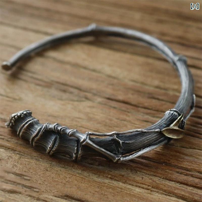 ブレスレット 男性用 シルバー 竹節 立体 浮彫 復古風 開口型 個性派 腕輪 アンティーク調 カジュアル 普段使い
