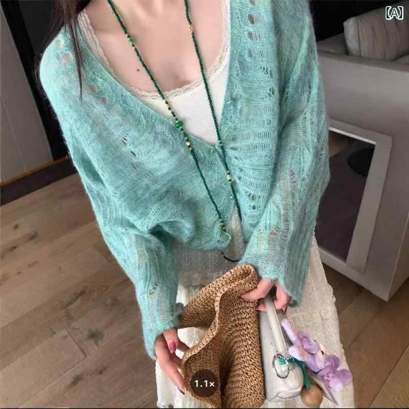 リバーパディのカーディガン 女性用 韓国 優しい 防晒 ニット 初秋 スリム クロシェ レース モヘア トップス 軽量 透け感 長袖 柔らかい素材 秋 春夏 ベージュ系 グレー ブラック 普段使い 通勤｜アングル2