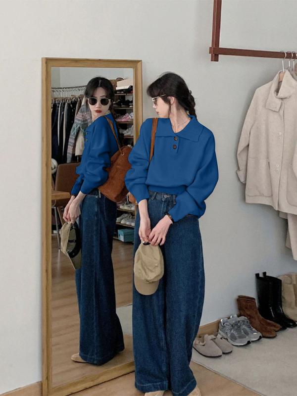 樂天商城 - ニット トップス 女性用 秋冬 ロングスリーブ ブルー フラットカラー ゆったり ショート丈 暖か インナー セーター 綿混 柔らかい 伸縮性 軽量 カジュアル レイヤード