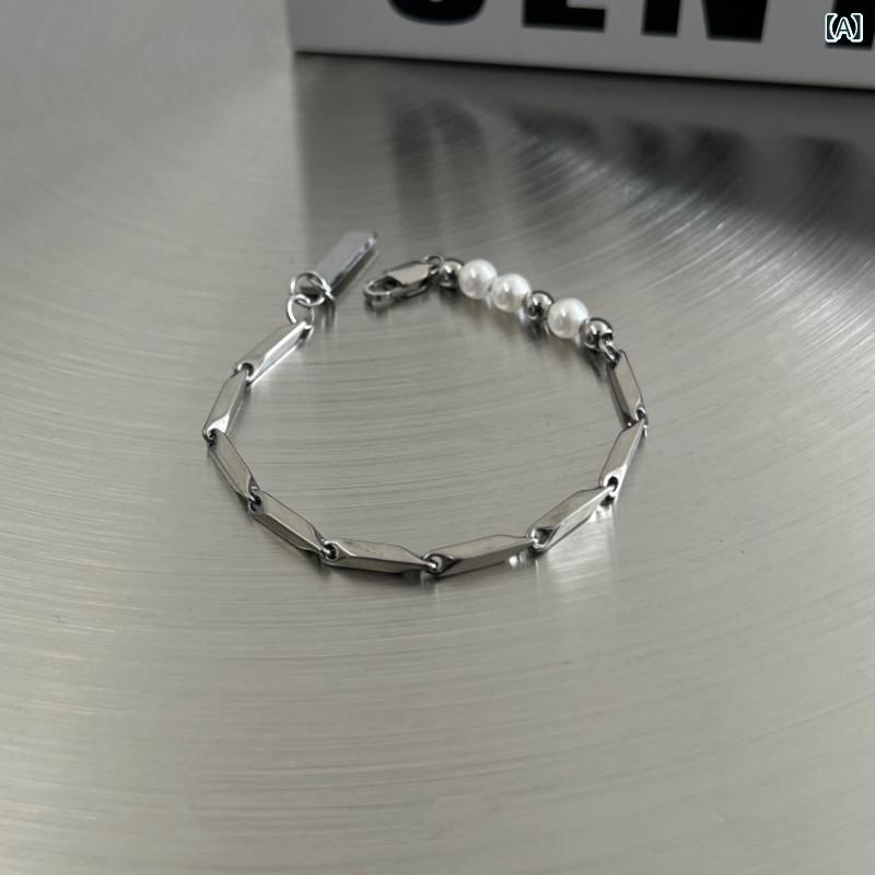 ブレスレット メンズ レディース ユニセックス レトロ パール 竹節 チタンスチール バングル ヒップホップ ハンドアクセサリー クールスタイル 高級感 耐久性 軽量 普段使い シンプル 洗練