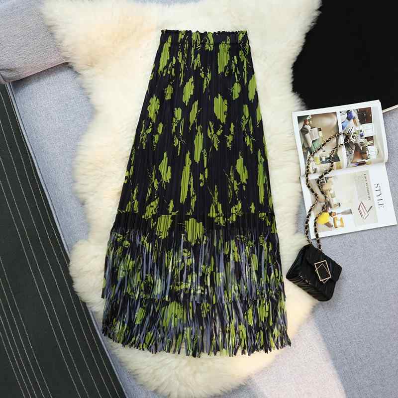 スカート 女性用 欧風 フリンジ プリーツ ミディ丈 伸縮性 ウエスト 小花柄 プリント ロング丈 ファッション プリーツスカート 軽量 通勤 普段使い 花柄 フレア 春夏 コットン混