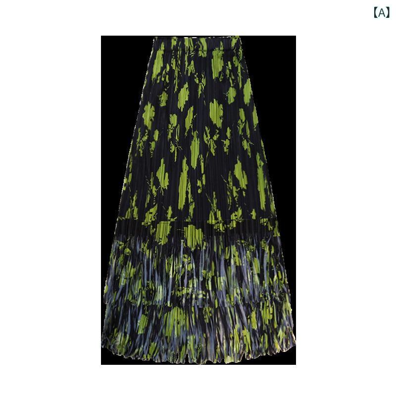 スカート 女性用 欧風 フリンジ プリーツ ミディ丈 伸縮性 ウエスト 小花柄 プリント ロング丈 ファッション プリーツスカート 軽量 通勤 普段使い 花柄 フレア 春夏 コットン混