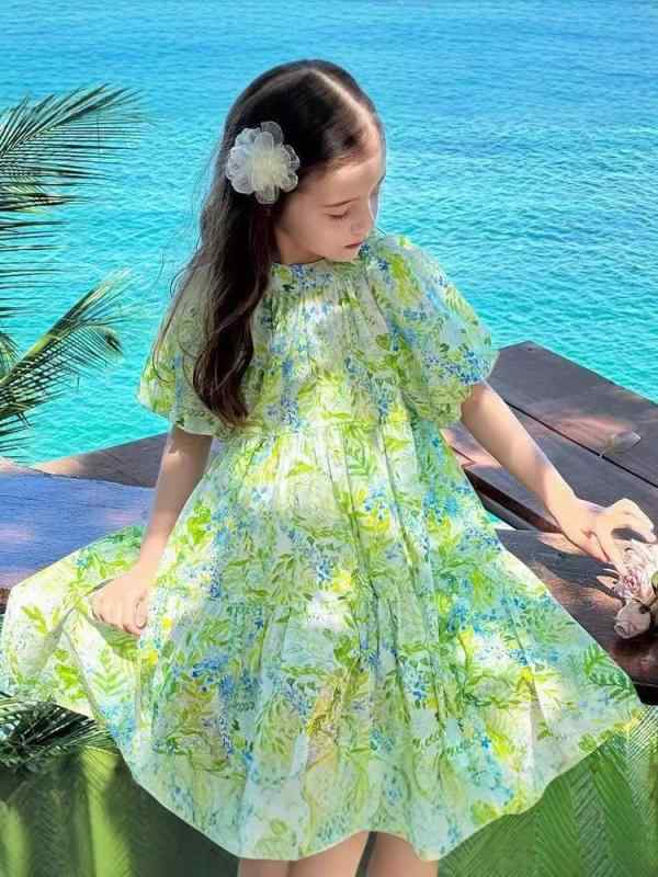 ワンピース キッズ 女の子 子供服 半袖 パフスリーブ 花柄 膝丈 スカート おしゃれ...