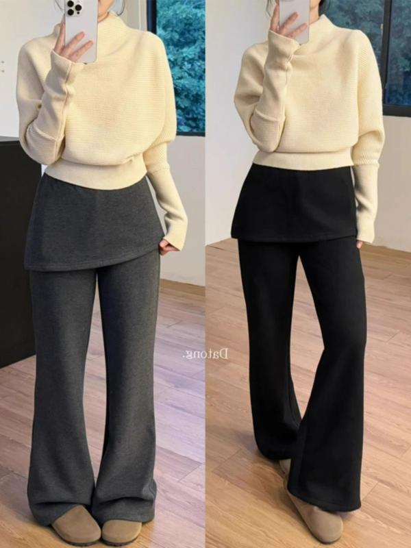 Pants - パンツ 女性用 秋冬 韓国 スリム ハイウエスト ストレート ワイドレッグ スカートパンツ ストレッチ コットン ミックス 普段使い 軽量 伸縮性 吸湿速乾 ビッグシルエット カジュアル ブラック グレー ベージュ