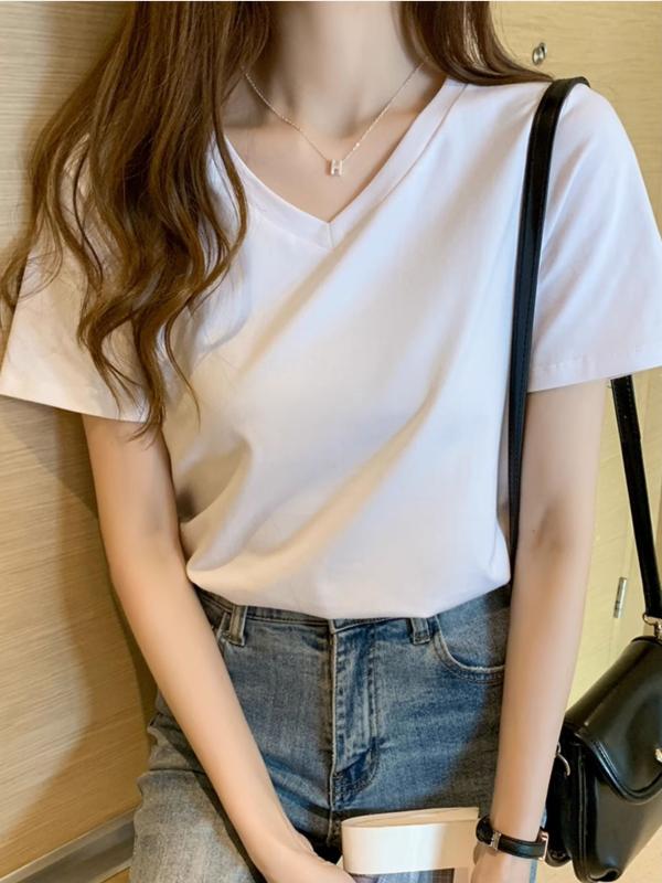 乐天商城 - Tシャツ 女性用 トップス インナー 春夏 接触冷感 綿素材 Vネック 半袖 白色 軽量 吸湿速乾 通勤用 普段使い 部屋着 ビッグシルエット 伸縮性 高級感 切り替え 肩落ち 薄手 ユニセックス
