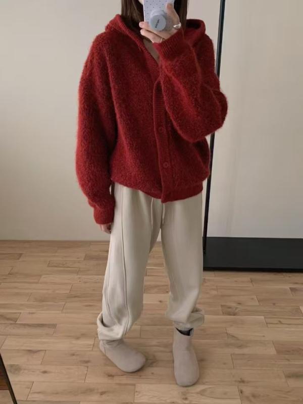 カーディガン 女性用 秋冬 柔らか素材 ゆったりシルエット ニット 開き フード付き セーター 暖か コットン混 ラウン（1枚目）
