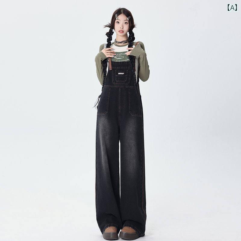 レディース デニム オーバーオール 秋 ゆったり ワイドレッグ ストレート スリム見せ マルチコーデ ワークウェア カジュアル デニム素材 軽量 伸縮性