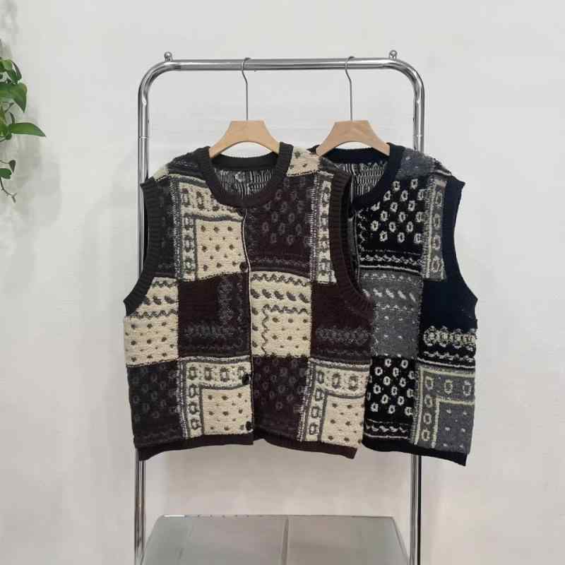 Other - ニット ベア トップス 女性用 冬 暖か 復古 刺繍 チェック柄 ラウンドネック 無袖 ゆったり フィット レイヤード 風 ニットカーディガン 厚手 暖かみ コットン混 ゆったりシルエット 暖房機能 レイヤリング対応 コージー スタイル 秋冬 暖色