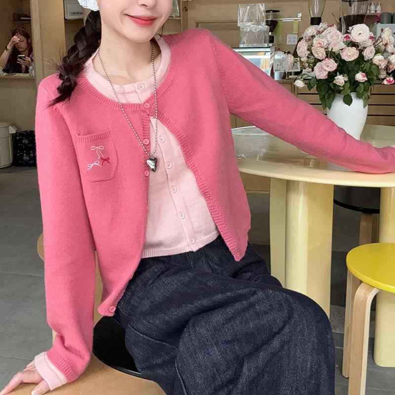 乐天商城 - ニットカーディガン 女性用 秋冬 長袖 切り替え かわいい 短丈 セーター トップス 暖かみ 柔らかい ニット素材 普段使い 軽量 伸縮性